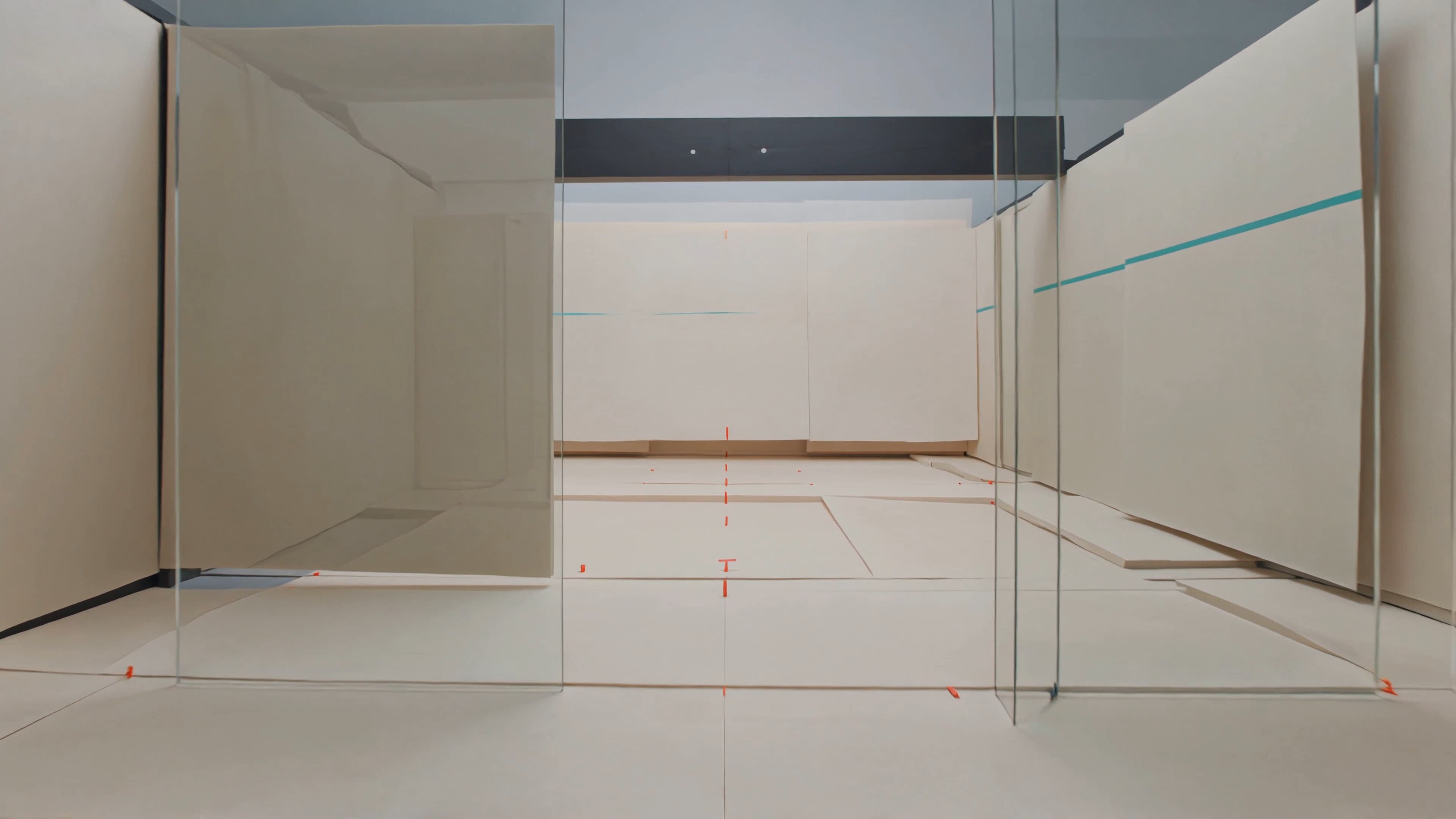 A measured gallery of suspended white planes, glass partitions, and red alignment marks.