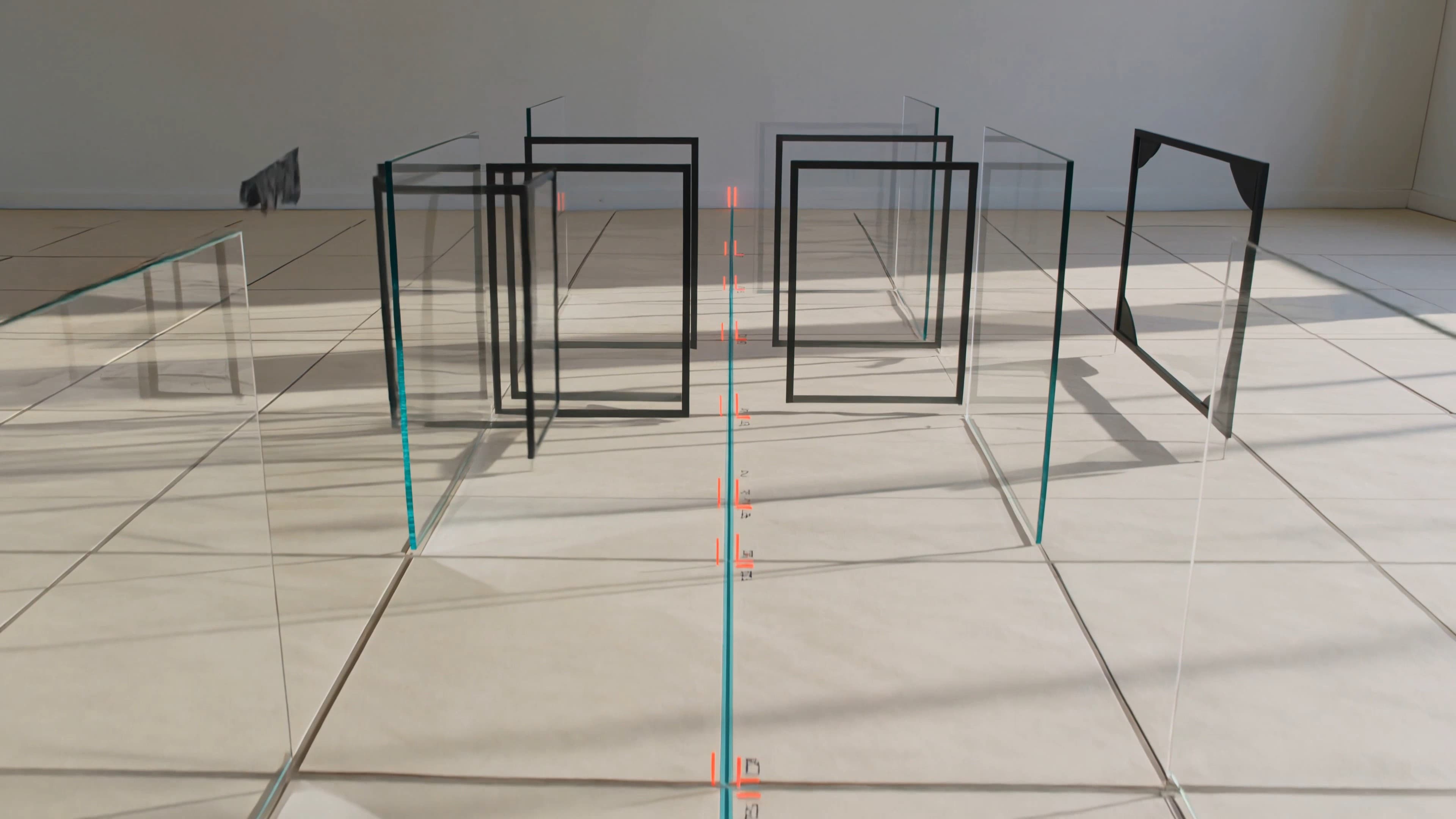 A field of black and glass frames arranged across a white floor with restrained red registration marks.