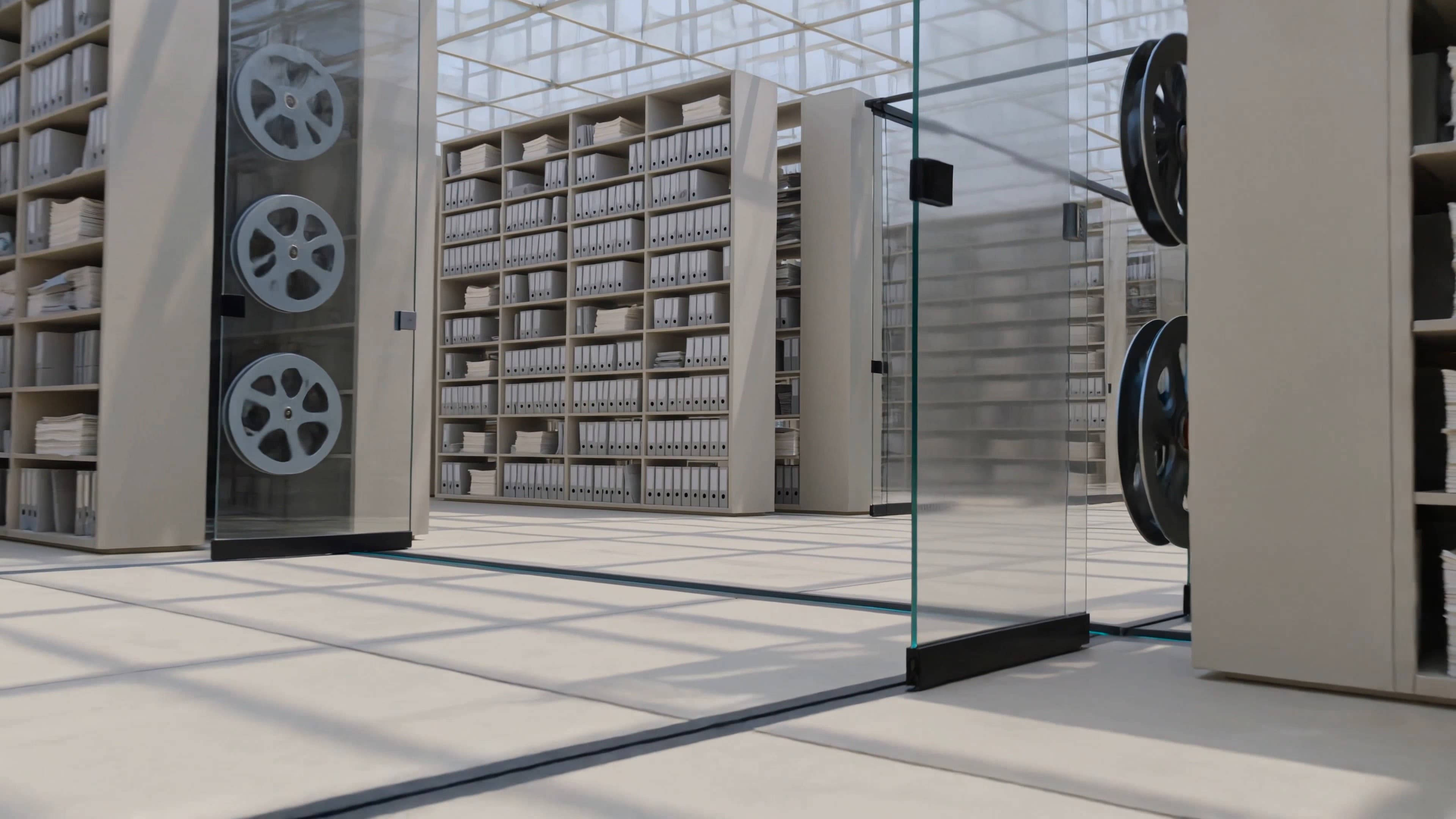 A bright technical archive with glass dividers, film reels, and ordered white binders.
