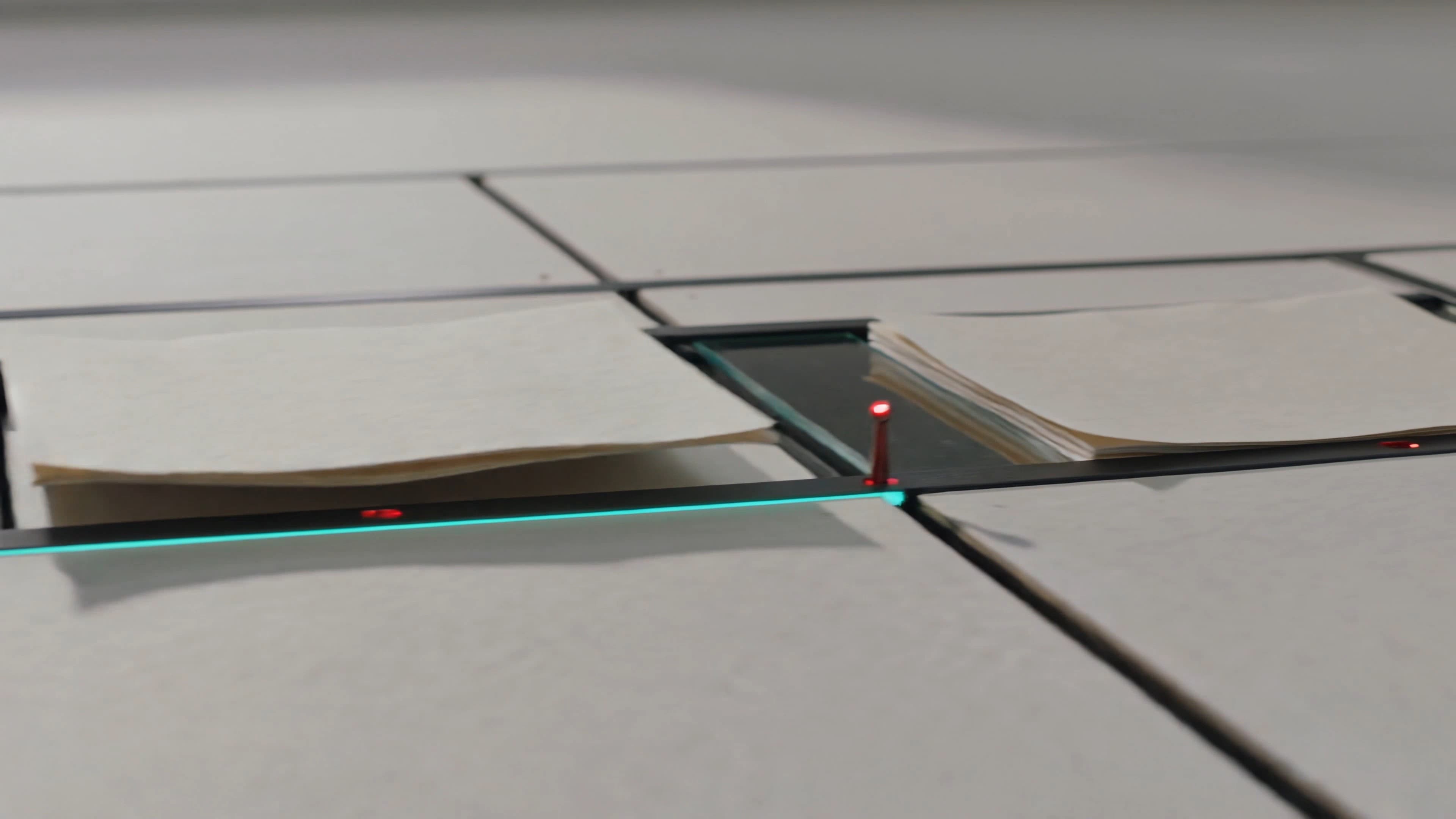 Layered white paper planes crossed by precise black, cyan, and red guide lines.